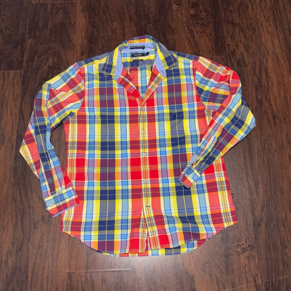 Nautica multi color Plaid Shirt long sleeves button down Vintage y2k Large Euc - Picture 4 of 10